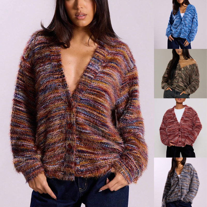 Cozy Stripe Knitted Button Cardigan Cropped V Neck Sweater For Women