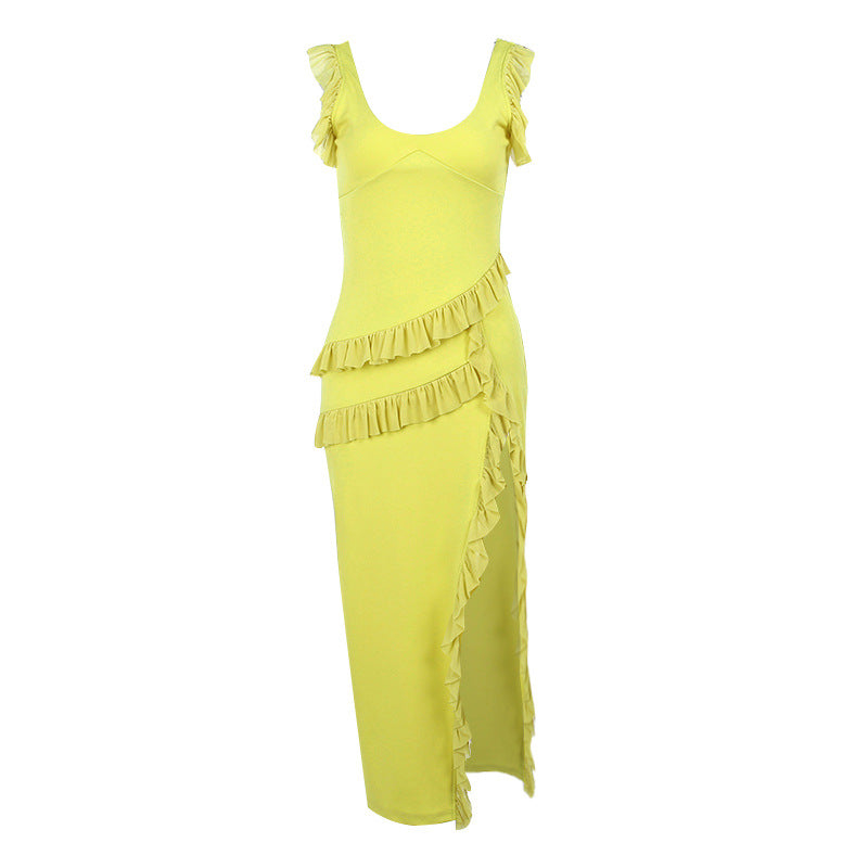 Pleated Fluttering Straps V-Neck Irregular Dress