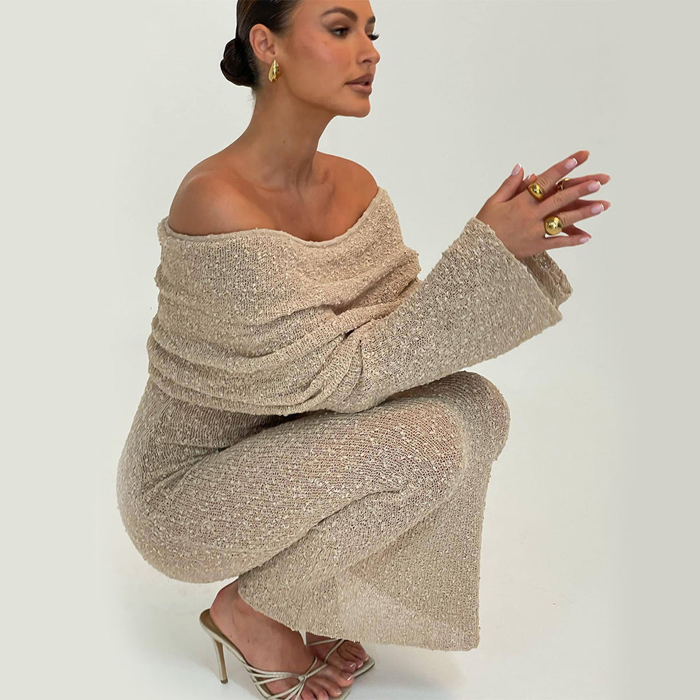 One-Shoulder Knitted Long-Sleeve Cotton Maxi Dress