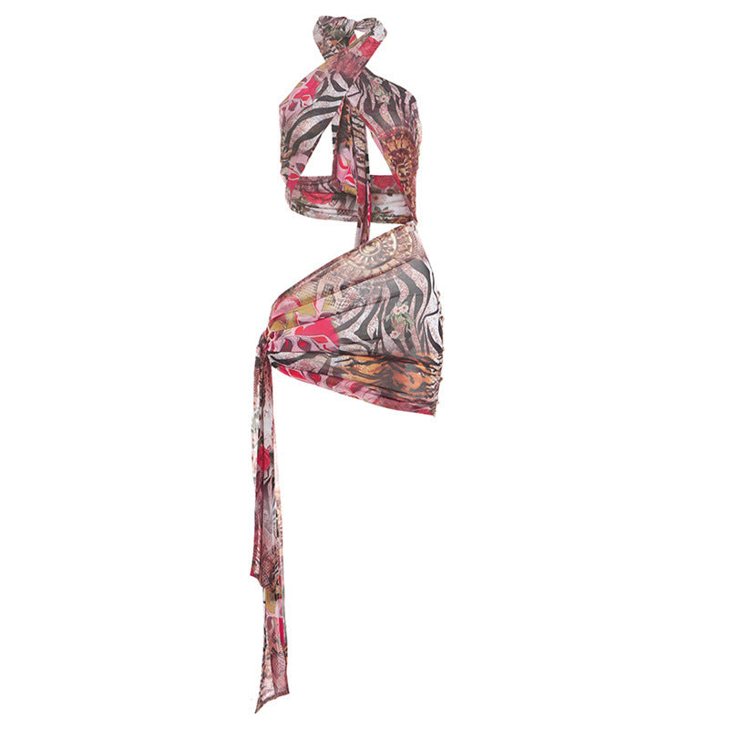 Sunlit Ribbon Print Dress With High Waist