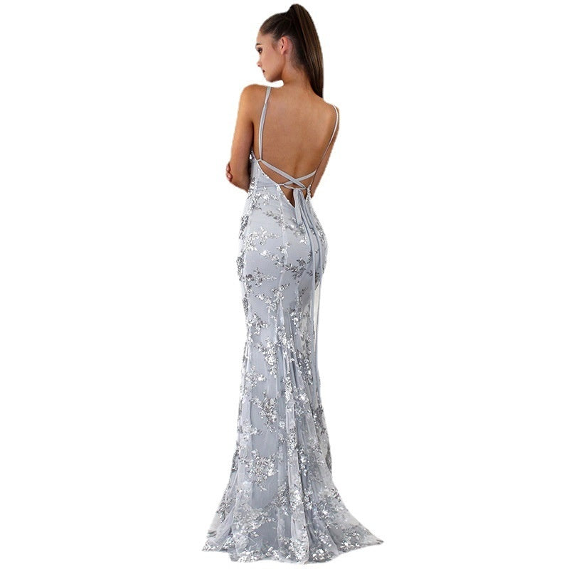 V-Neck Sequined Backless Maxi Dress - High Waist Prom Gown