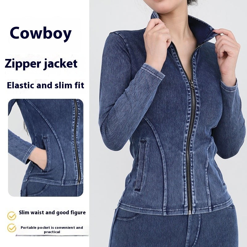Slim Zippered Denim Yoga Jacket With Pockets High Collar For Women