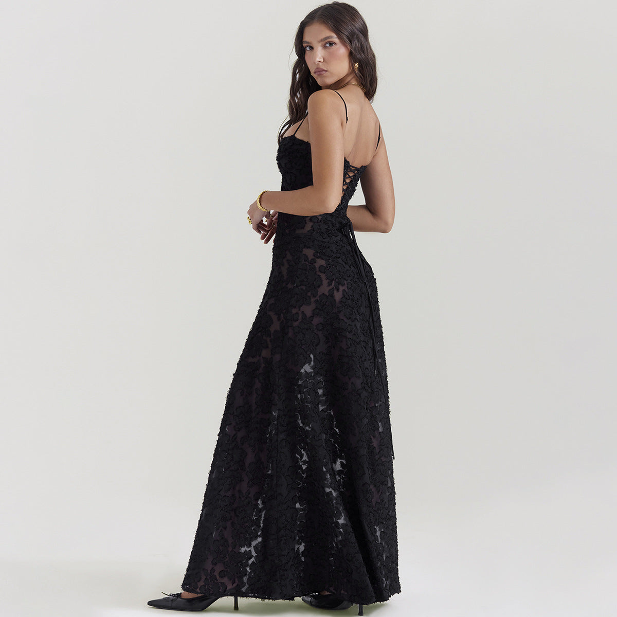 Suspender Lace Long Dress With Strapless Collar