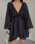 V Neck Lantern Sleeve Dress With Pleated Skirt