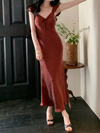 Graceful Sling Dress In Rust Red And Pearl Apricot