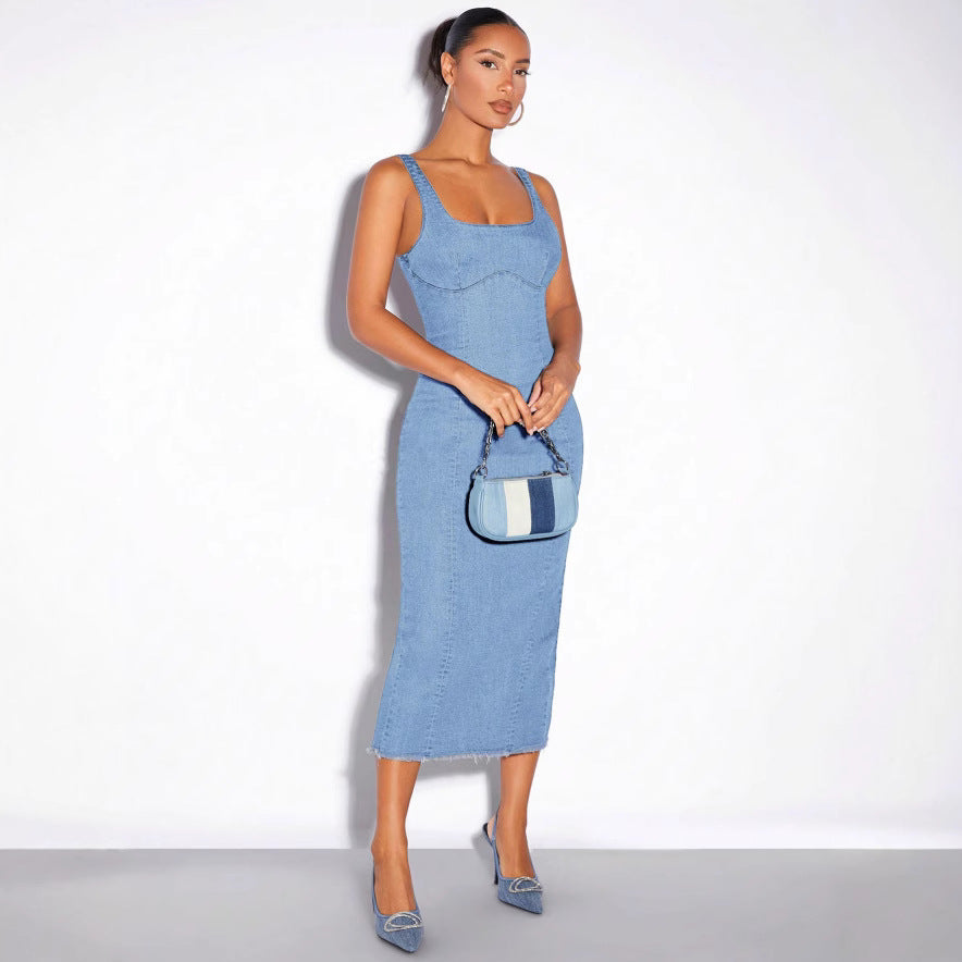 Light Blue Summer Suspender Dress With Elastic Waist For Easy Chic Everyday Wear