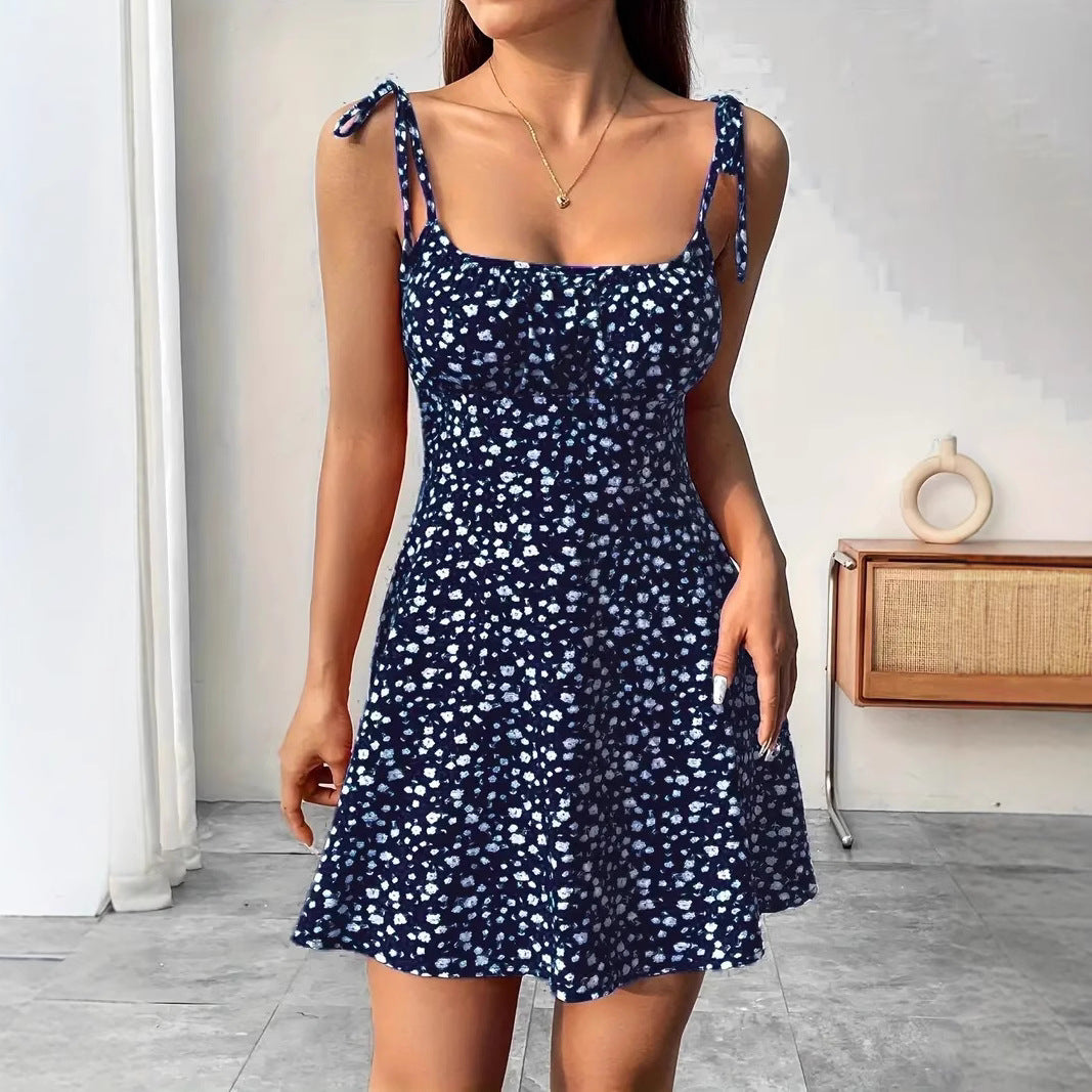 French Floral Strap Dress With Suspender Skirt