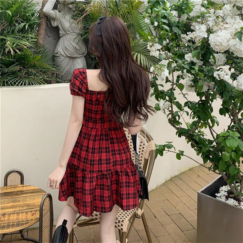French Red Plaid Dress