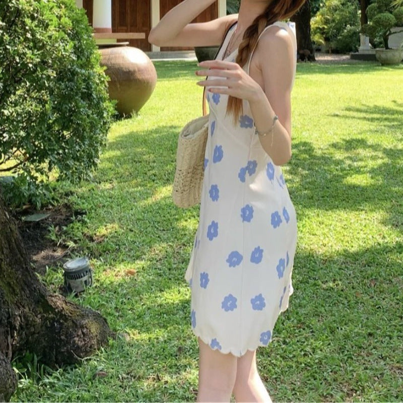 Retro Blue Floral V-neck Sleeveless Mini Dress