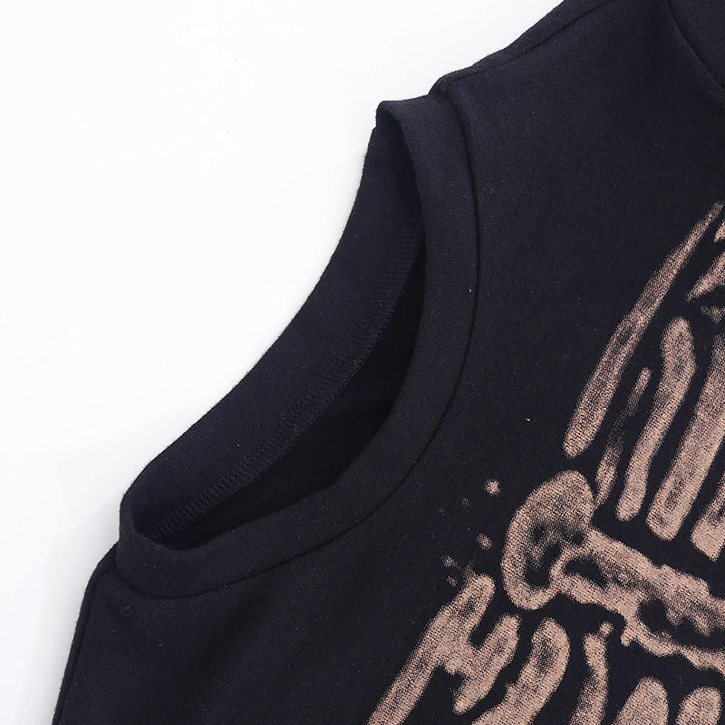 Retro Skeleton Print Top For Women Dark Round Neck Short Sleeve Slim Fit