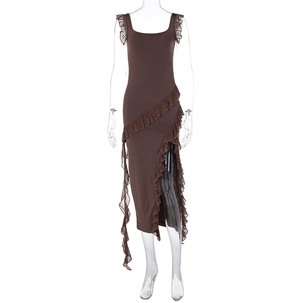 Ruffle Thigh High Split Suspender Dress With Spaghetti Straps