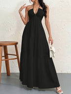 Backless Halter Neck A-Line Maxi Dress With Pleated Skirt For Beach Vacation