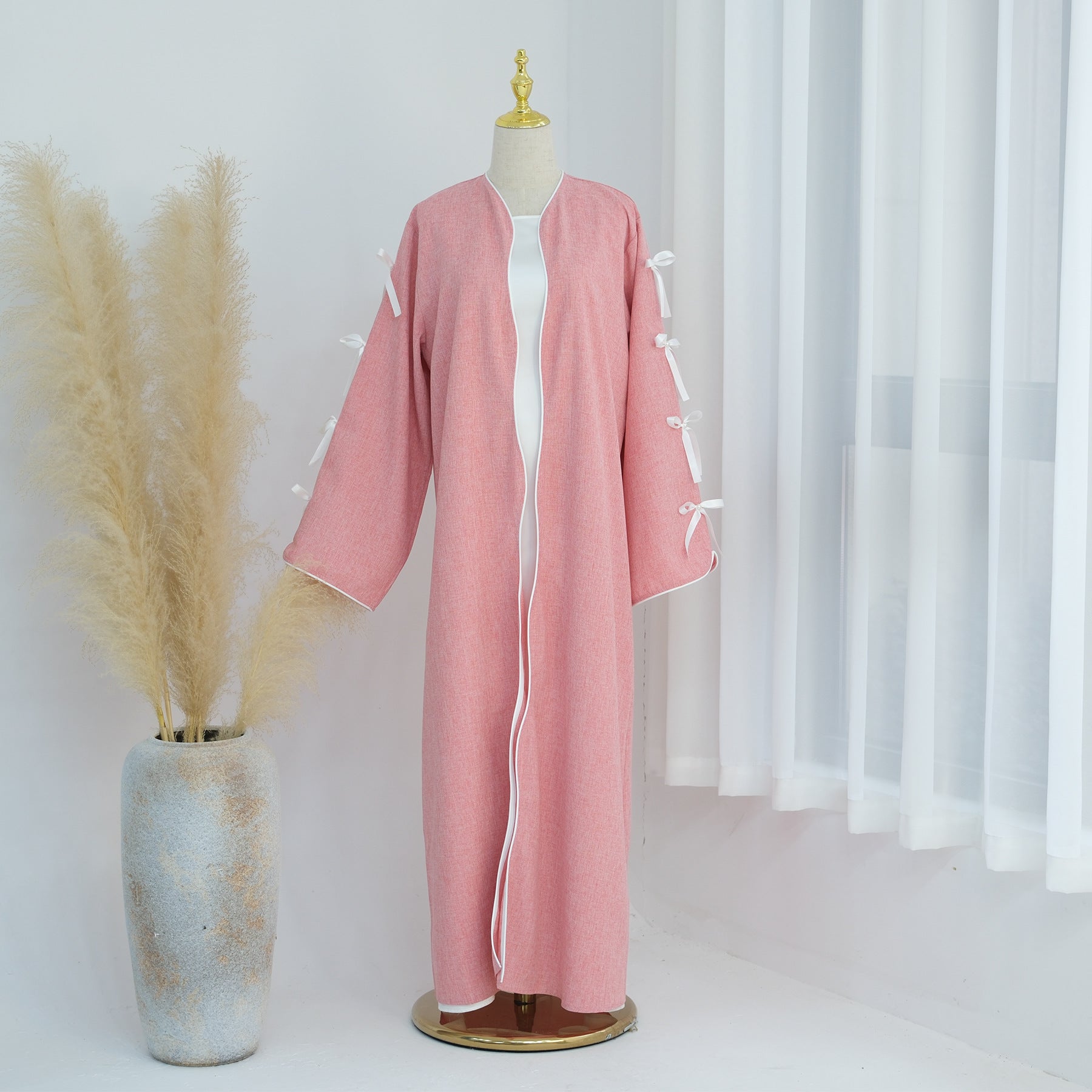 Elegant Bow Robe Maxi Dress Set With Long Sleeve Overlay