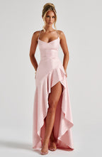 Women's Backless Ruffle Maxi Dress High Waist Split Evening Party