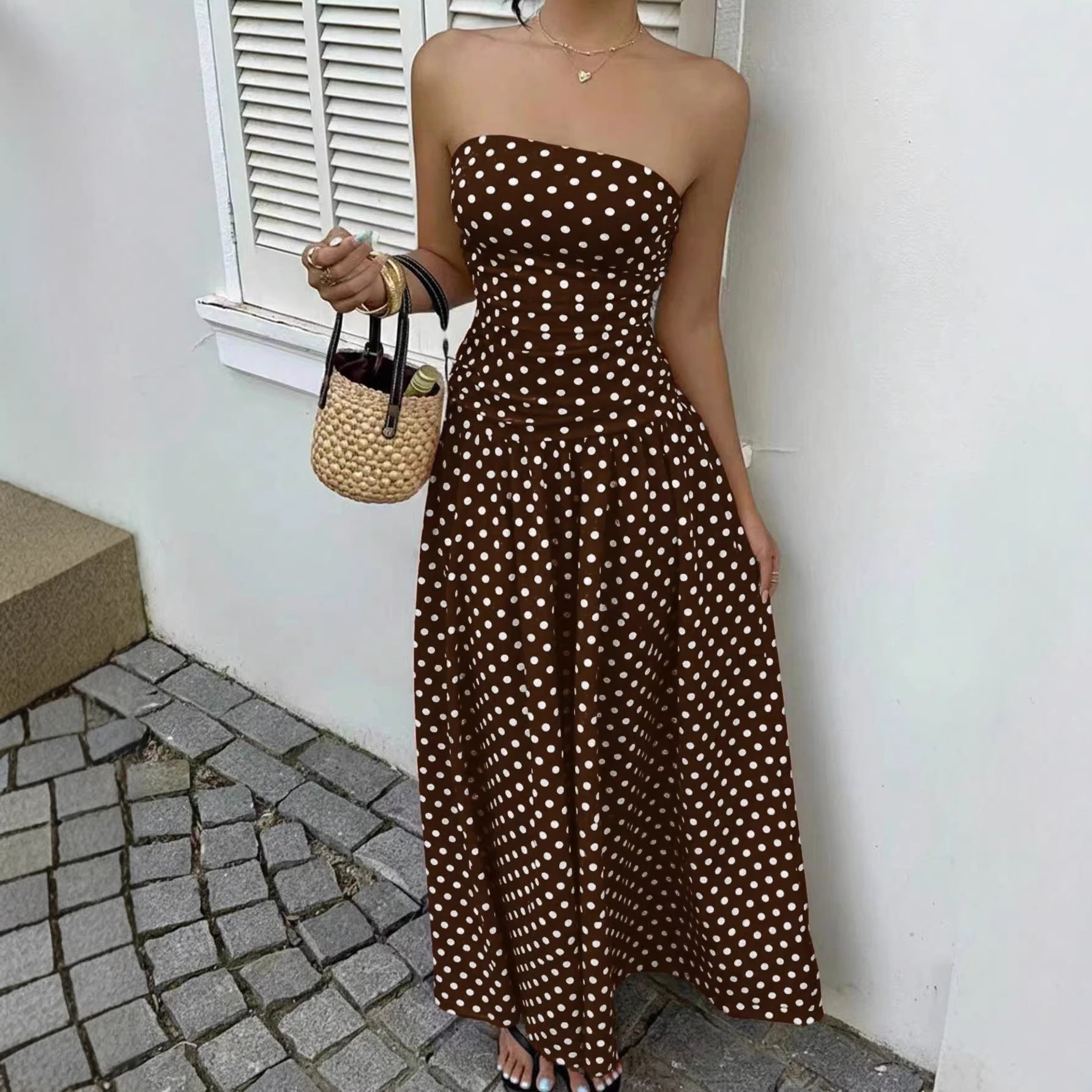 Elegant Polka-dot Off-shoulder High-waist Strapless Dress
