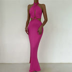 Chic Backless Patchwork Maxi Dress With Neck Straps