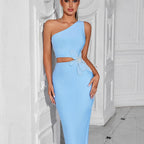 Beaded Bowknot Dress With Asymmetric Shoulder