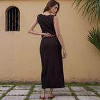 Two Piece Knitted Sleeveless Top And Long Skirt Set In Black