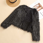 Cozy Chic Faux Fur Short Coat Tassel Details Black