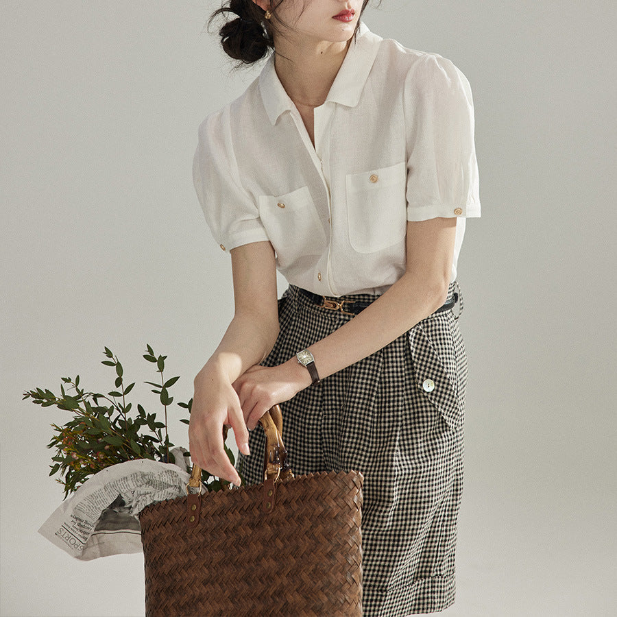 Vintage Puff Short Sleeve White Shirt Top With Lapel Collar Contrasting Stitching And Retro Charm