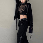 Retro Skeleton Print Top For Women Dark Round Neck Short Sleeve Slim Fit