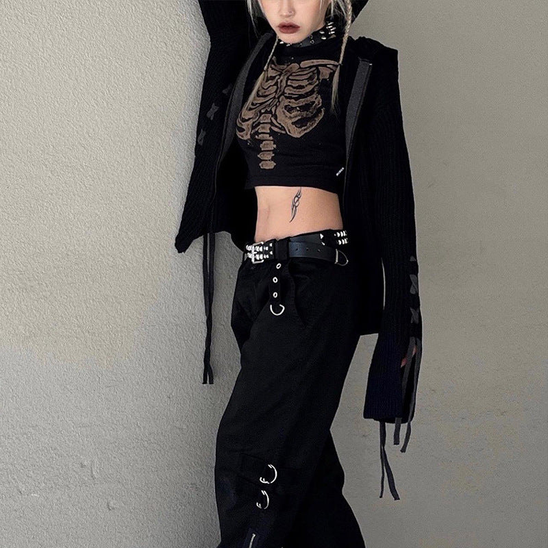 Retro Skeleton Print Top For Women Dark Round Neck Short Sleeve Slim Fit