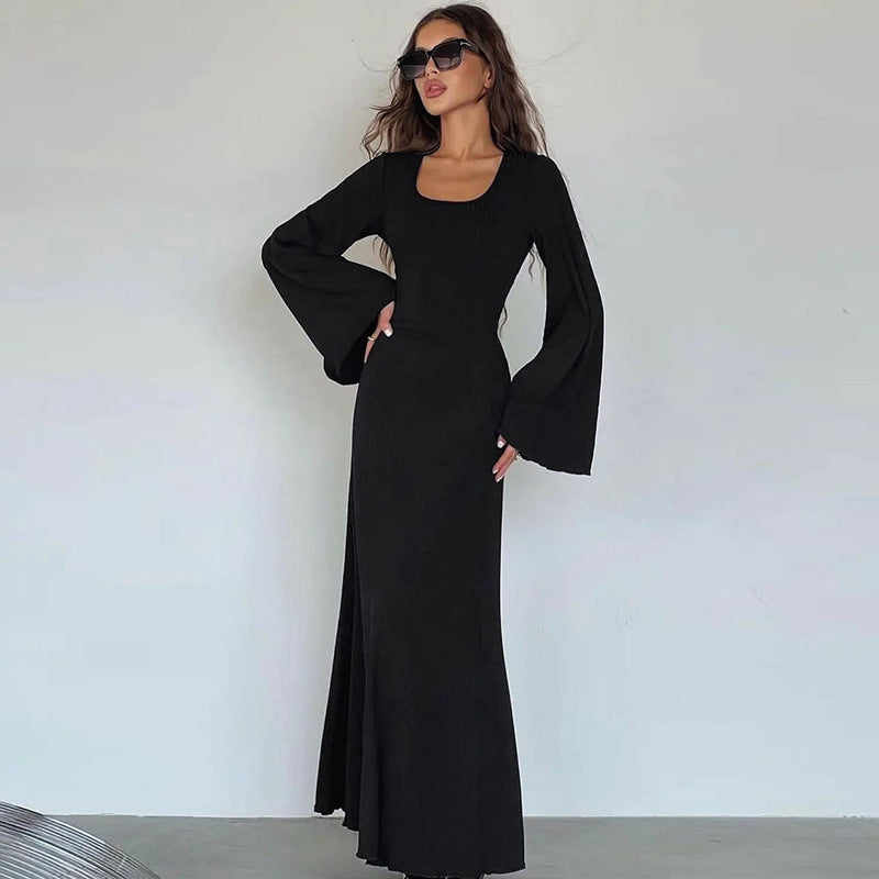 Women's U-Neck Lace-Up Back Princess Dress with Bell Sleeves