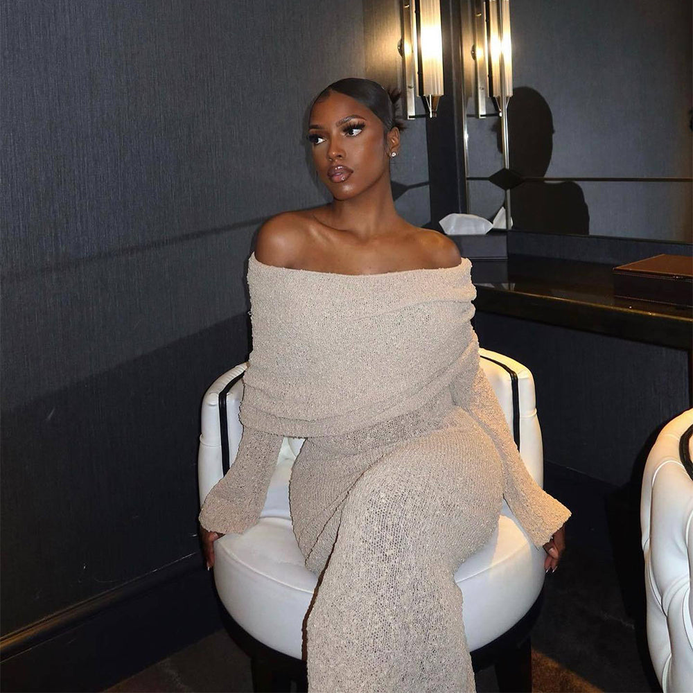 One-Shoulder Knitted Long-Sleeve Cotton Maxi Dress