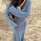 Sky Blue Long Knitted Dress With Bell Sleeves And High Waist