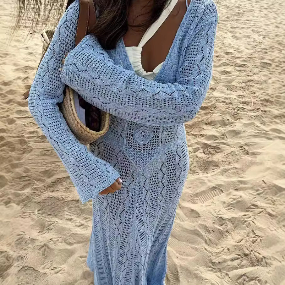 Sky Blue Long Knitted Dress With Bell Sleeves And High Waist