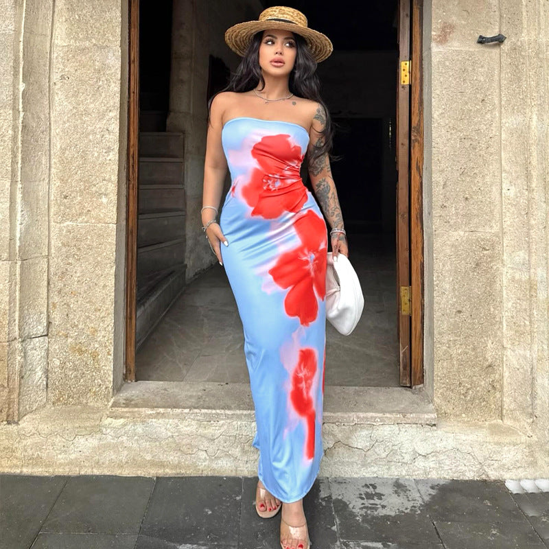 Slim Slit Tube Long Sexy Print Dress