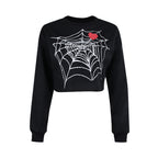 Black Cotton Top With Spider Web Heart Print For Edgy Streetwear Lovers