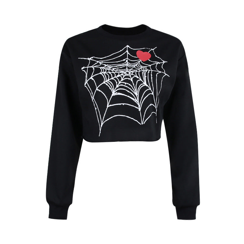 Black Cotton Top With Spider Web Heart Print For Edgy Streetwear Lovers