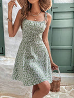 Women's Floral Spaghetti Strap Summer Beach Sundress - Green
