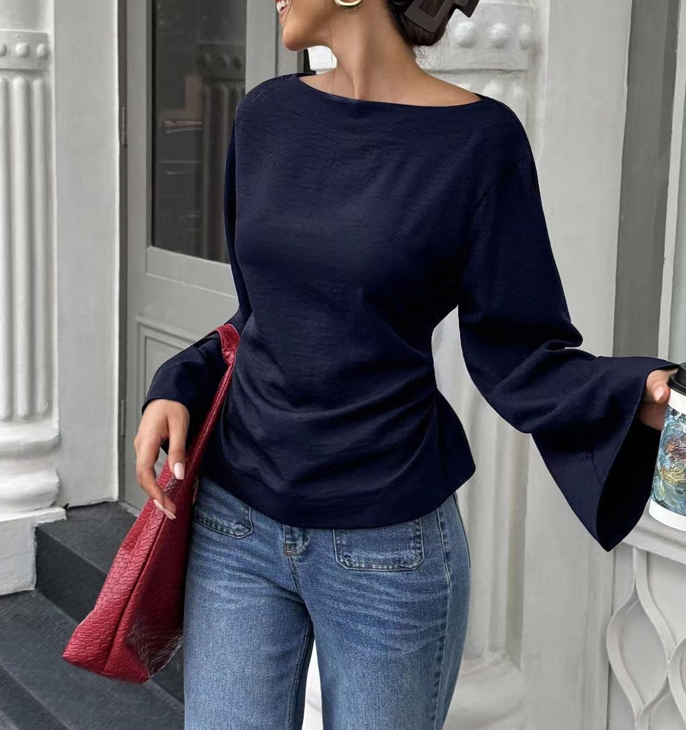 Chic Flared Long Sleeve Pullover In Black Slim Fit