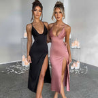Women's V-Neck Backless Bodycon Dress with Split Design