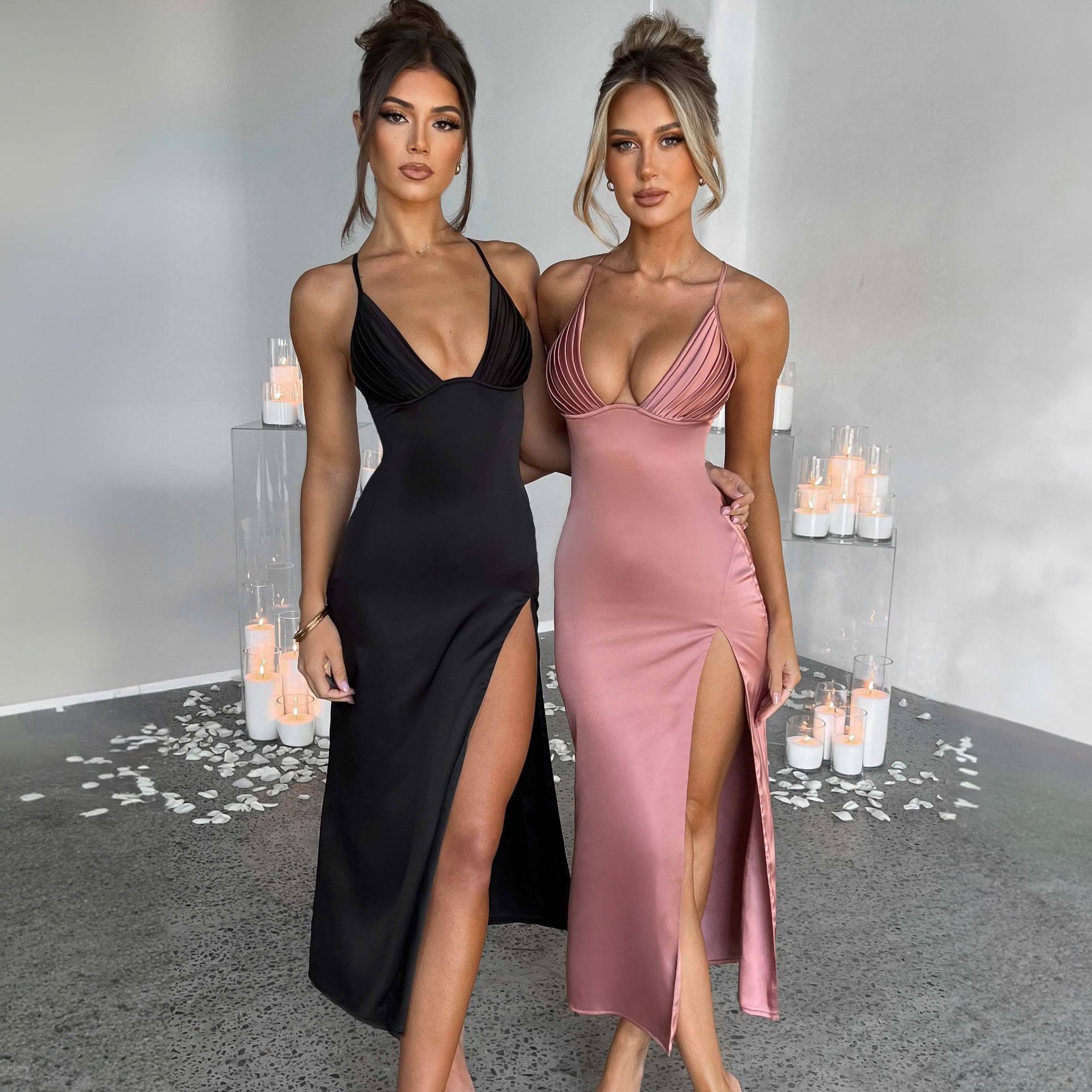 Women's V-Neck Backless Bodycon Dress with Split Design