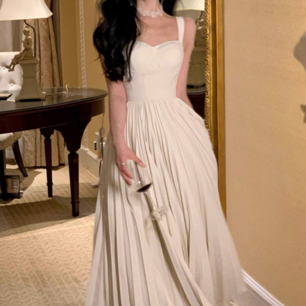 Milky White Pleated Sling Dress for Women Sleeveless Long Skirt