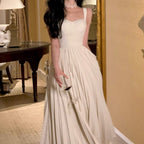Milky White Pleated Sling Dress for Women Sleeveless Long Skirt