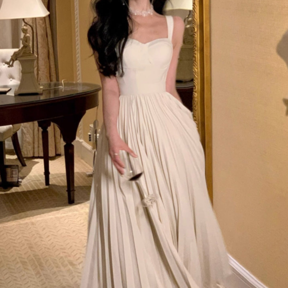 Milky White Pleated Sling Dress for Women Sleeveless Long Skirt