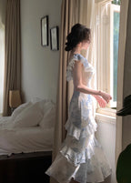Floral Ruffle Dress With High Waist And Fishtail Skirt In Beige Blue Flower Print