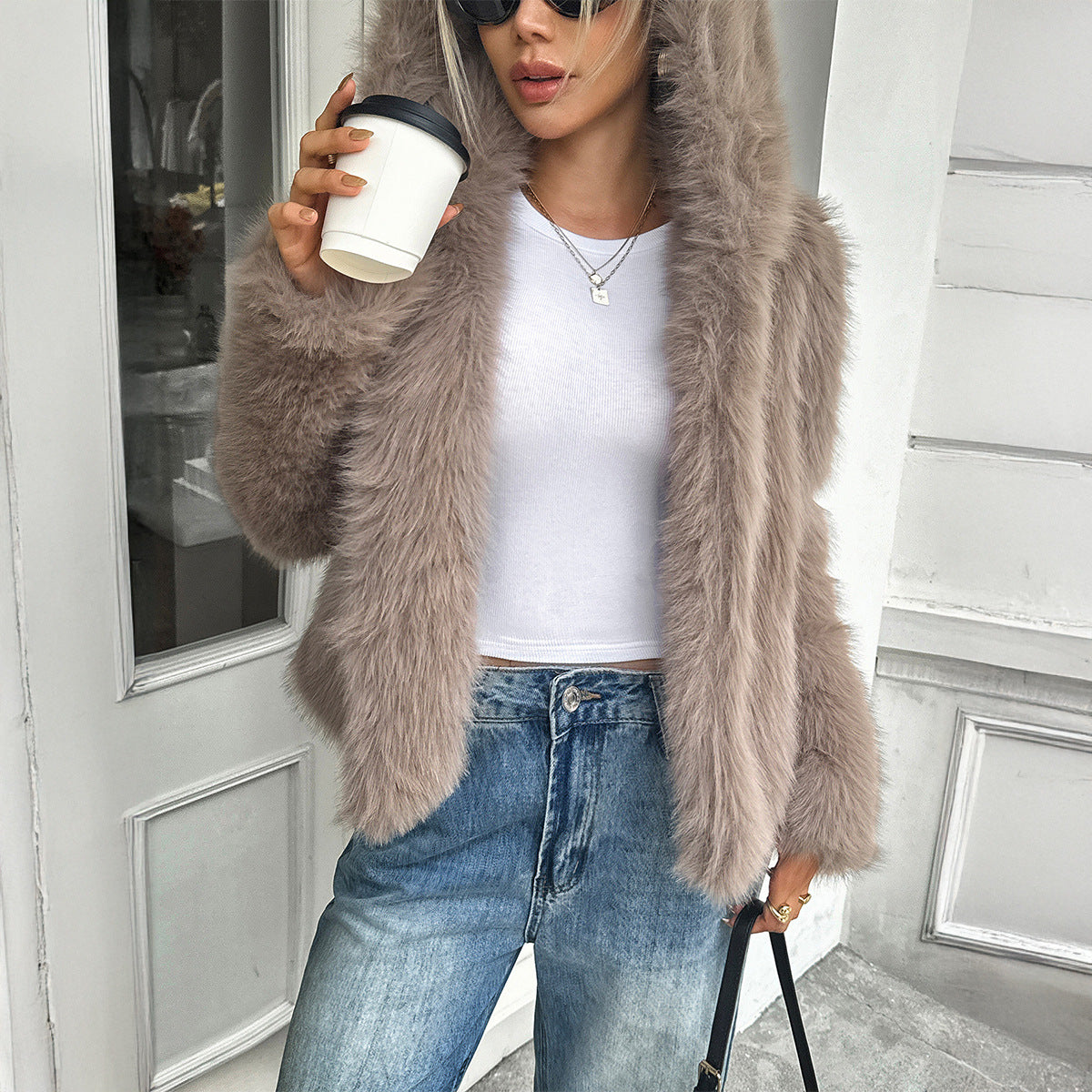 Cozy Plush Fleece Coat With Fur Collar Relaxed Casual Fit