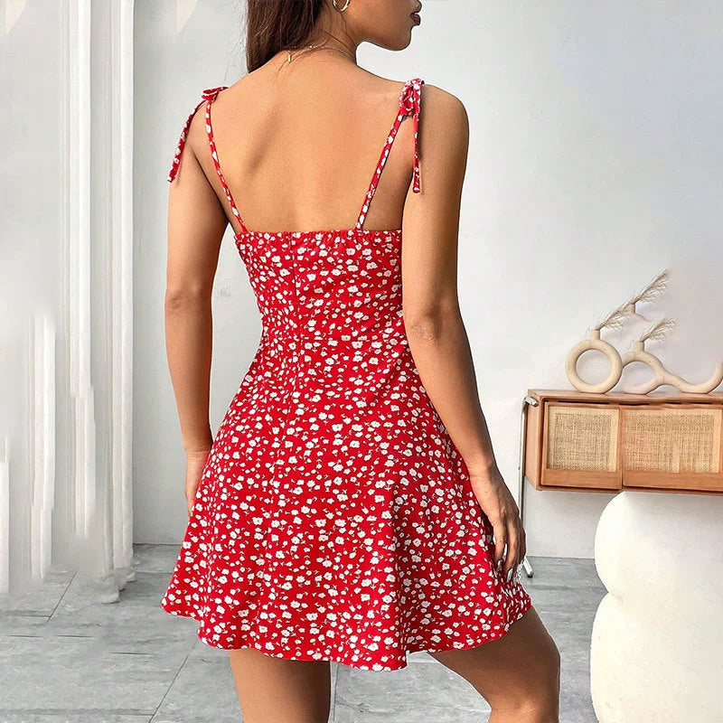 Floral Print Dress Summer Sweet A- Line Waist Trimming Dresses