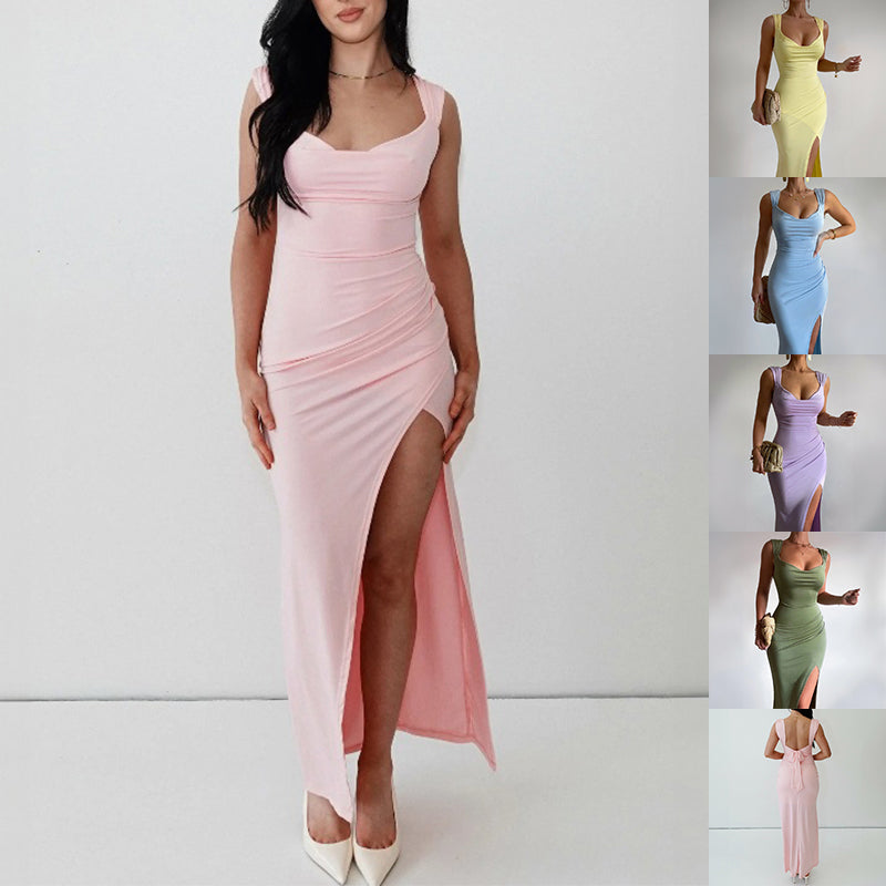 Women's Sleeveless Backless Slit Dress with Back Tie