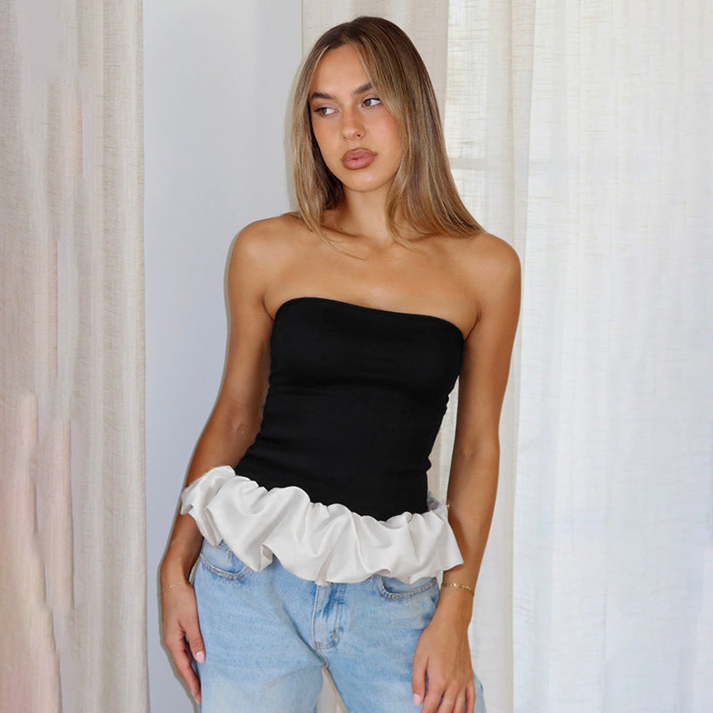 Chic Patchwork Bandeau Top With Ruffles Slim Fit Black