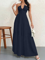 Backless Halter Neck A-Line Maxi Dress With Pleated Skirt For Beach Vacation