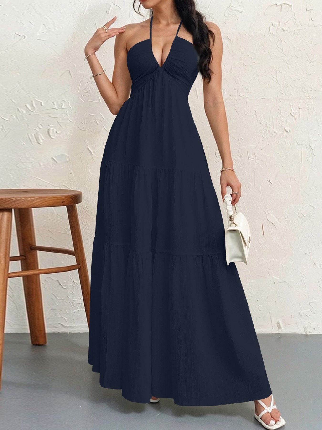 Backless Halter Neck A-Line Maxi Dress With Pleated Skirt For Beach Vacation