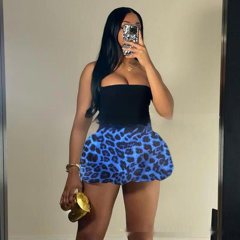 Chic Leopard Print Puff Skirt With Stretchy Spandex