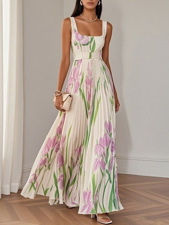 Floral Print Pleated A-Line Sleeveless Midi Dresses