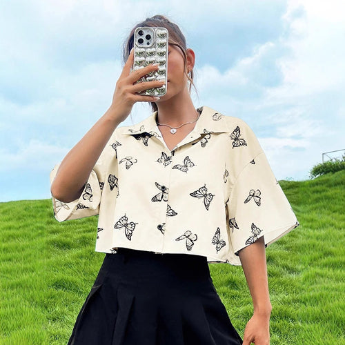 Butterfly Print Loose Shirt for Casual Chic in White and Blue